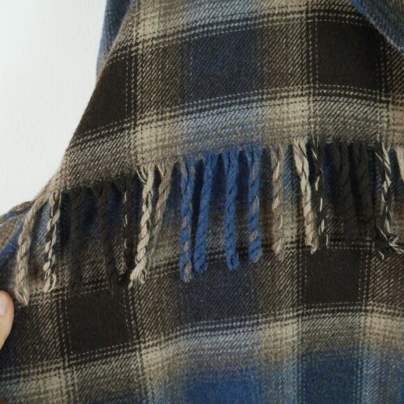 Vintage Large Shacket Oversized Western Shadow Plaid Fringe 90s Wool Blend - Picture 5 of 10
